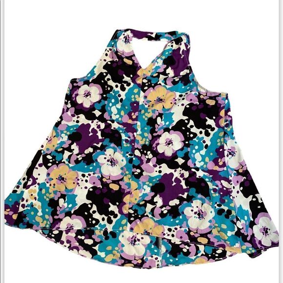 GAP Floral Blue Blouse Tank Top loose silky boho deep v neck style Size L - Picture 1 of 11